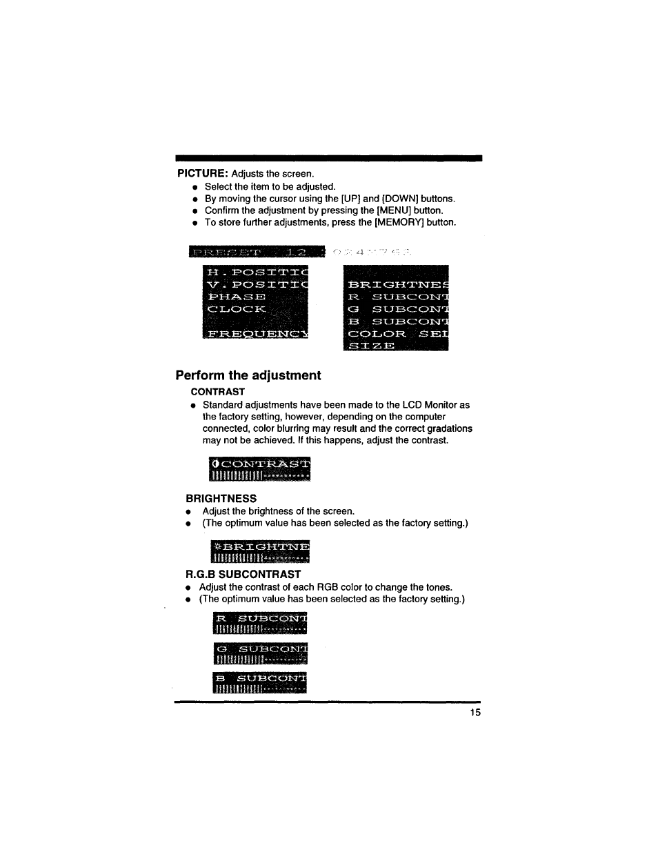 Brightness, R.g.b subcontrast, Perform the adjustment | Philips 14L4521599 User Manual | Page 17 / 29