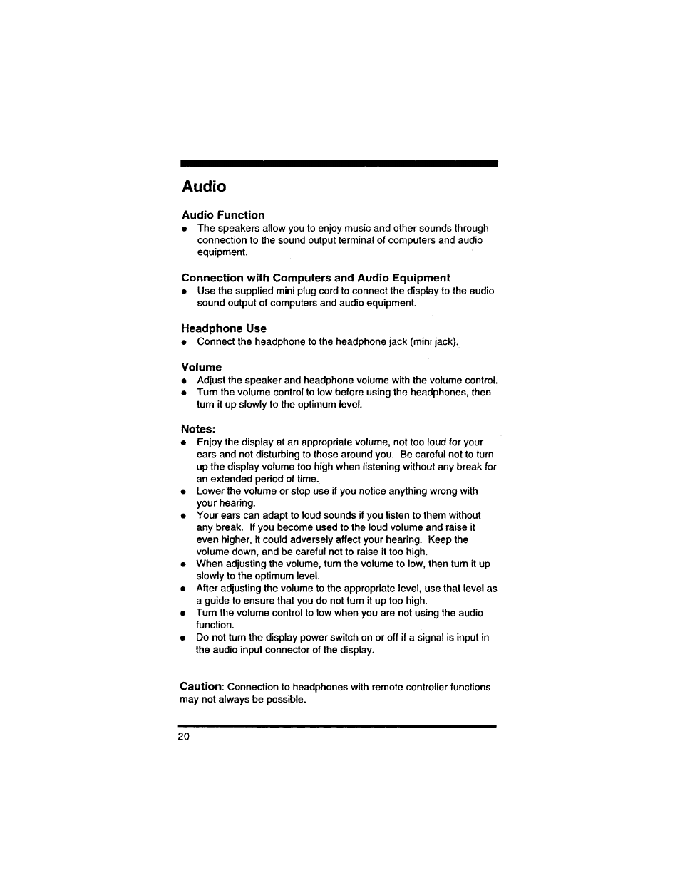 Audio, Audio function, Connection with computers and audio equipment | Headphone use, Volume, Notes | Philips 14L4521599 User Manual | Page 22 / 29