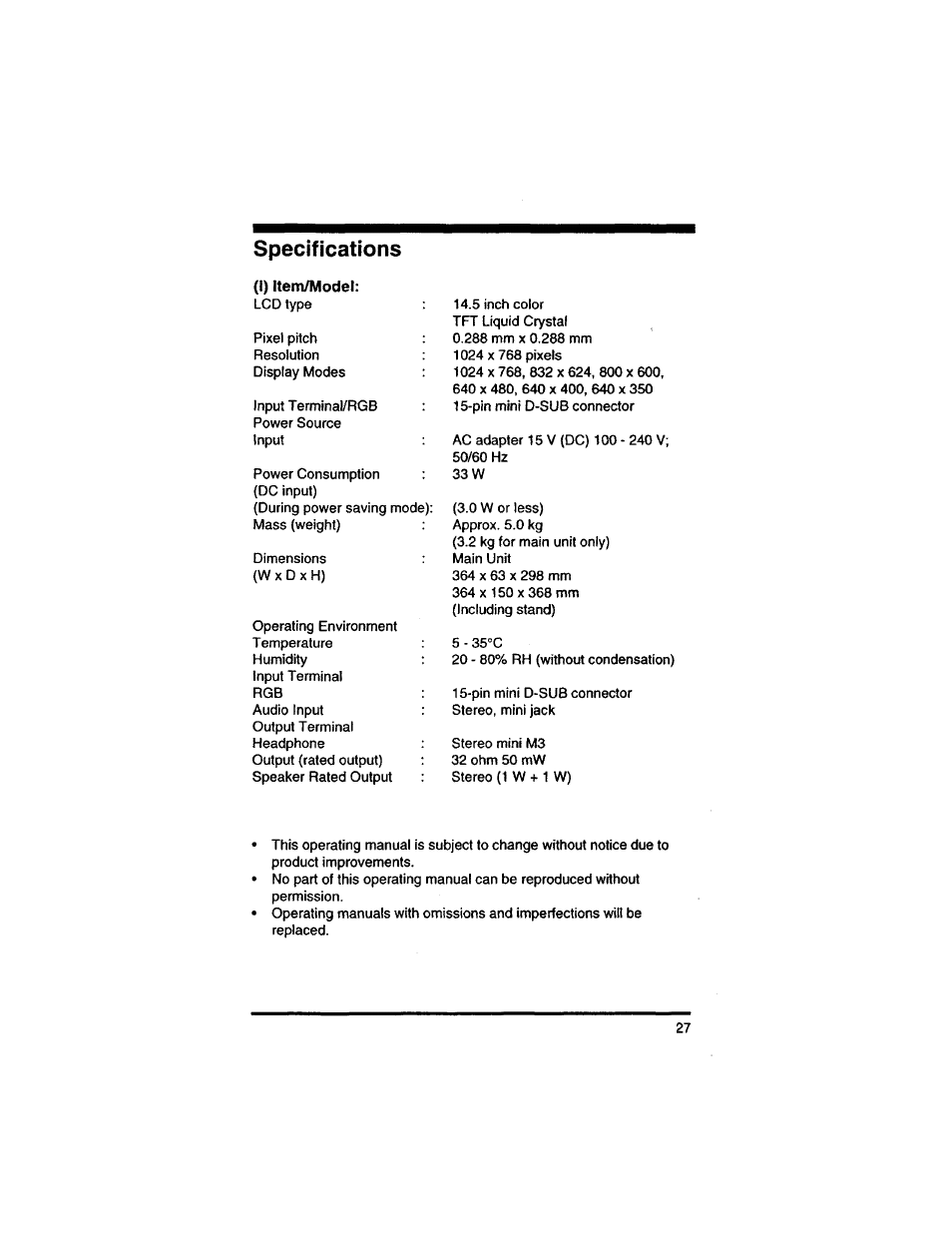 Specifications, I) item/model | Philips 14L4521599 User Manual | Page 29 / 29