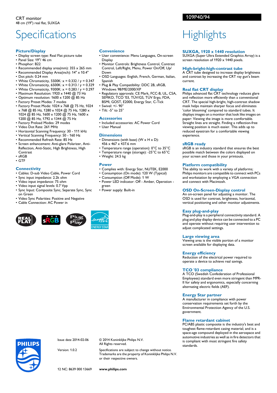 Specifications, Highlights | Philips 109P40-99 User Manual | Page 2 / 2