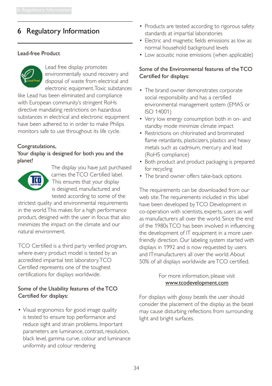 6 regulatory information | Philips 19S4LSB-27 User Manual | Page 36 / 54