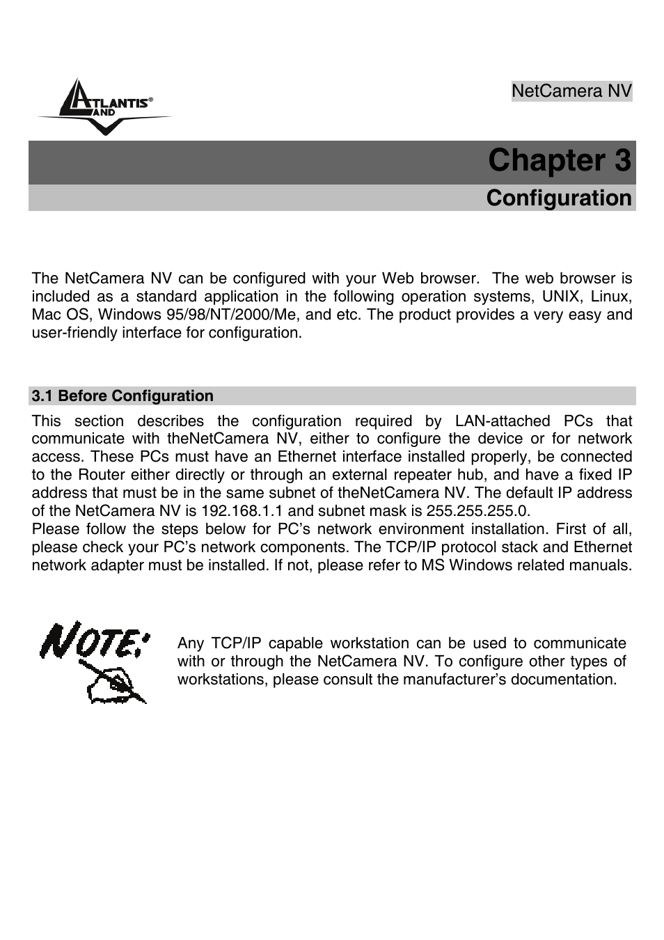 Chapter 3, Configuration | Atlantis Land A02-IPCAM3_ME01 User Manual | Page 18 / 79