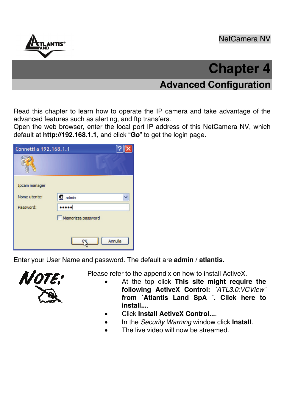 Chapter 4, Advanced configuration | Atlantis Land A02-IPCAM3_ME01 User Manual | Page 24 / 79