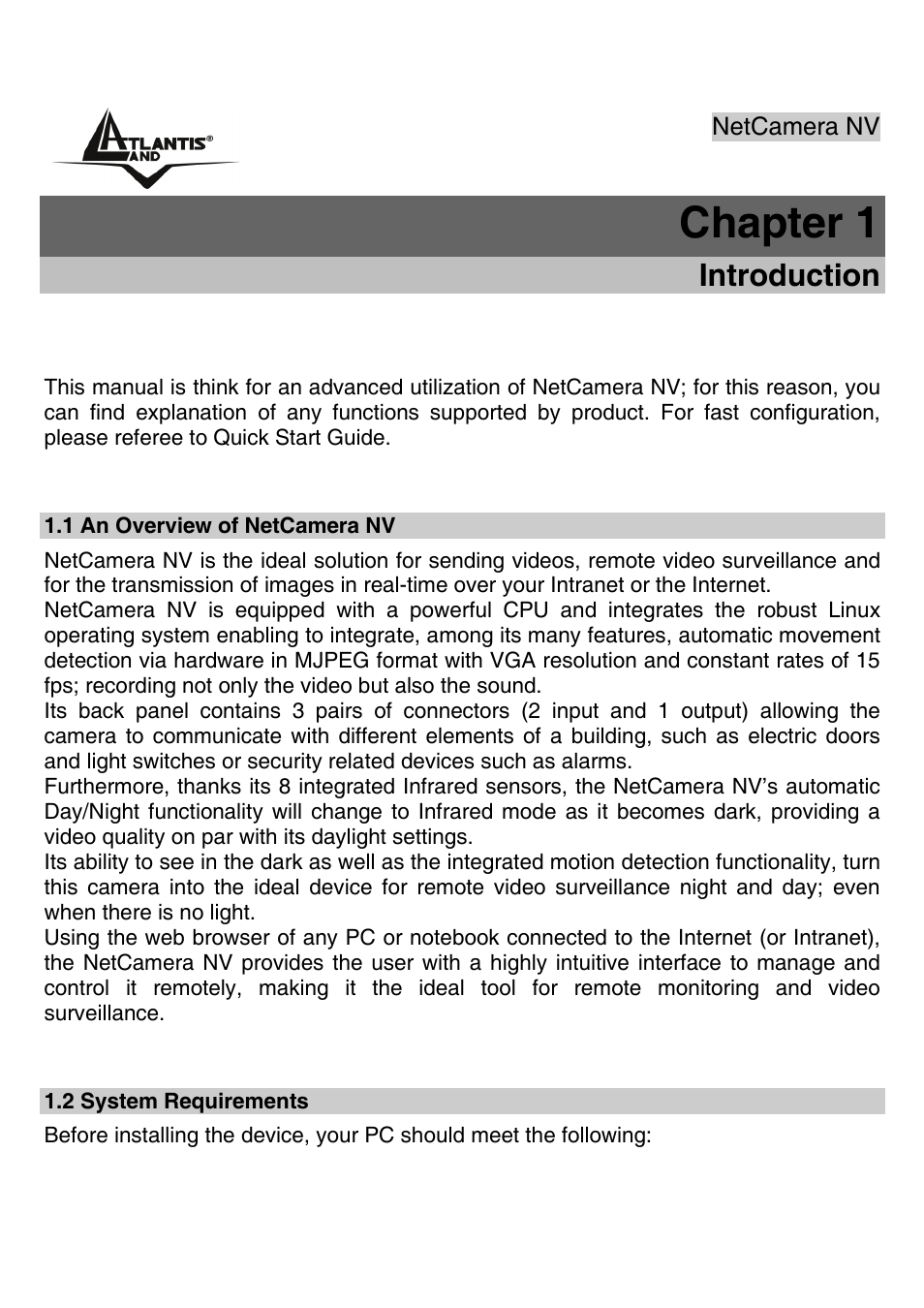 Chapter 1, Introduction | Atlantis Land A02-IPCAM3_ME01 User Manual | Page 9 / 79