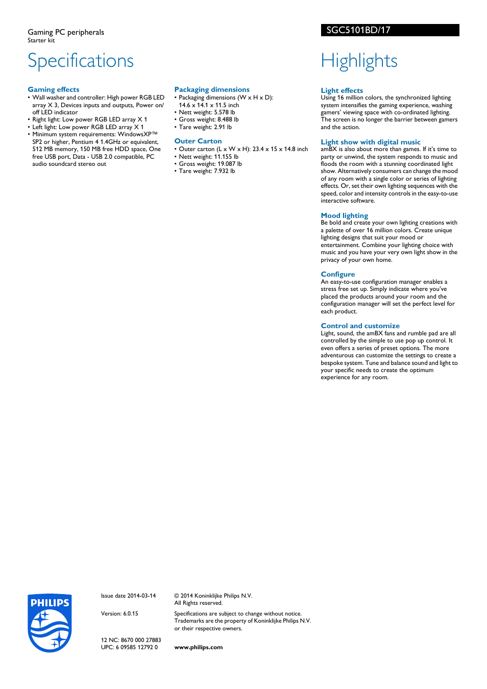 Specifications, Highlights | Philips SGC5101BD-17 User Manual | Page 2 / 2