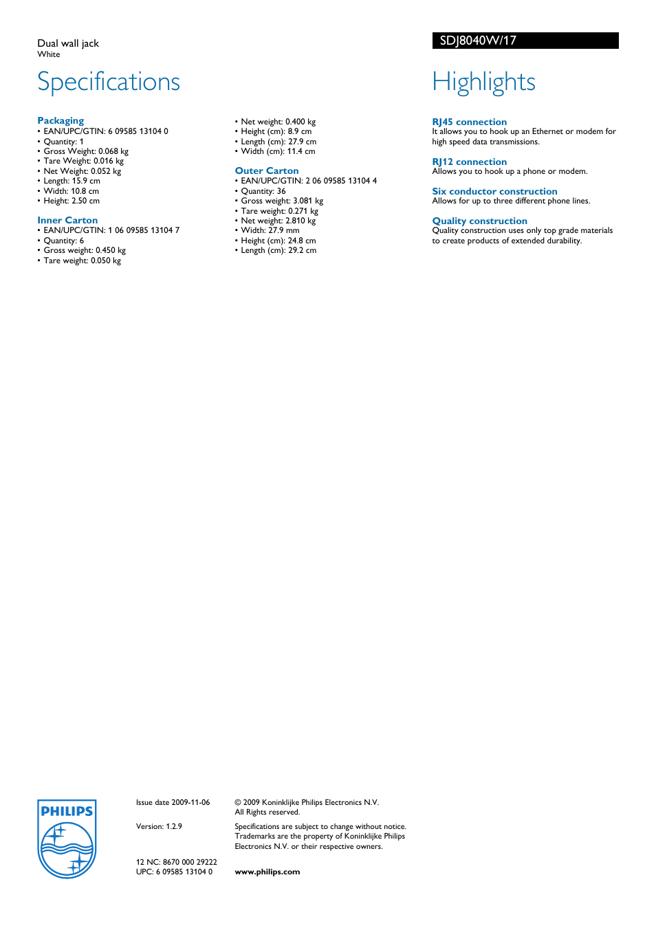 Specifications, Highlights | Philips SDJ8040W-17 User Manual | Page 2 / 2