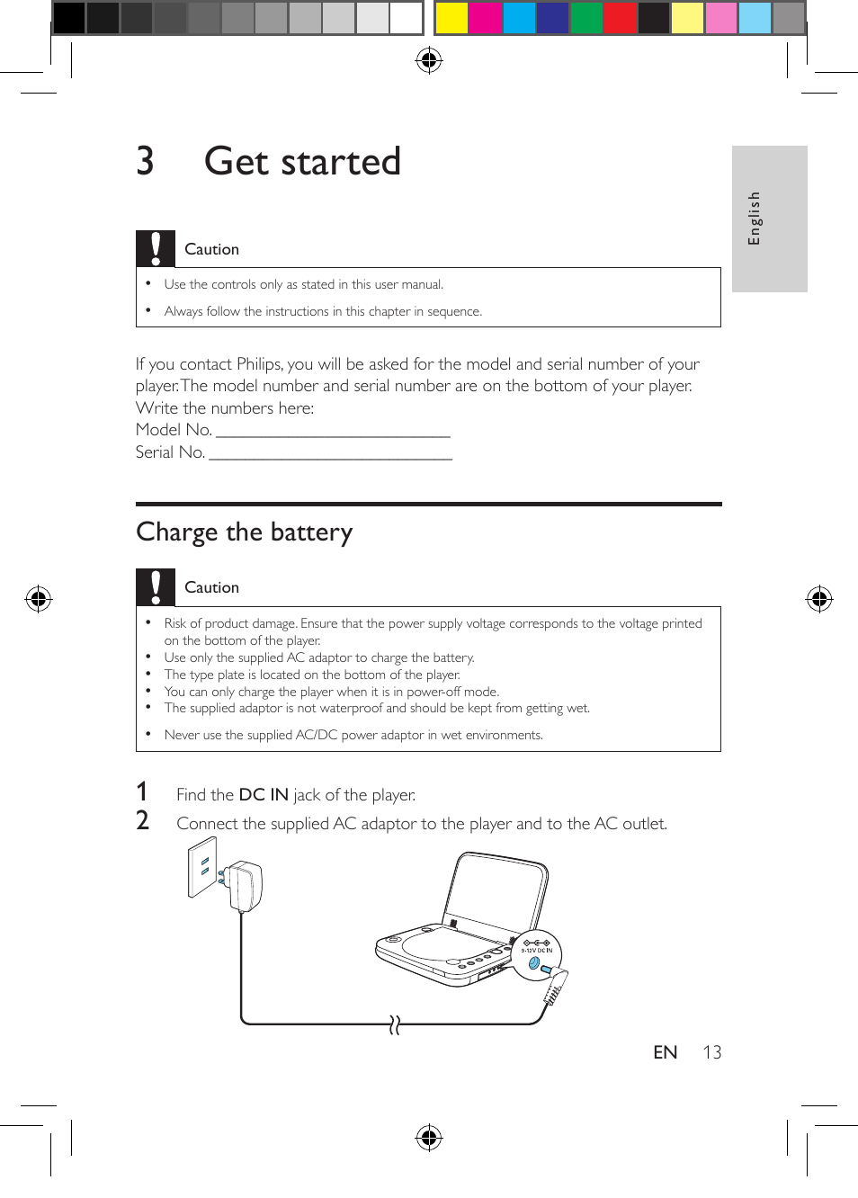 3 get started, Charge the battery | Philips PD704-37 User Manual | Page 13 / 24