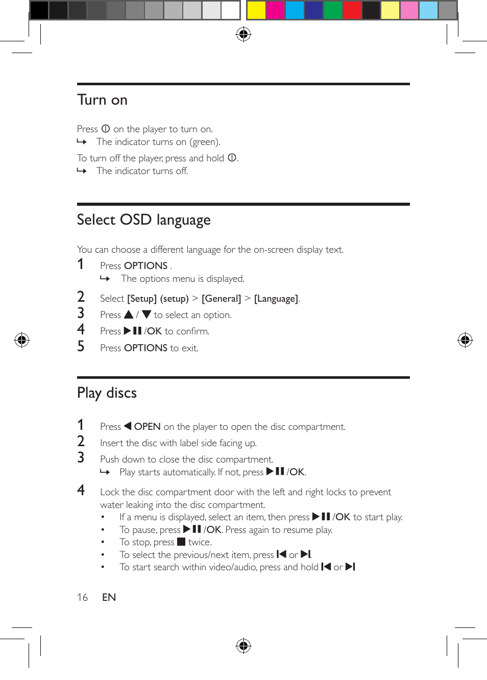 Turn on, Select osd language, Play discs | Play discs 1 | Philips PD704-37 User Manual | Page 16 / 24