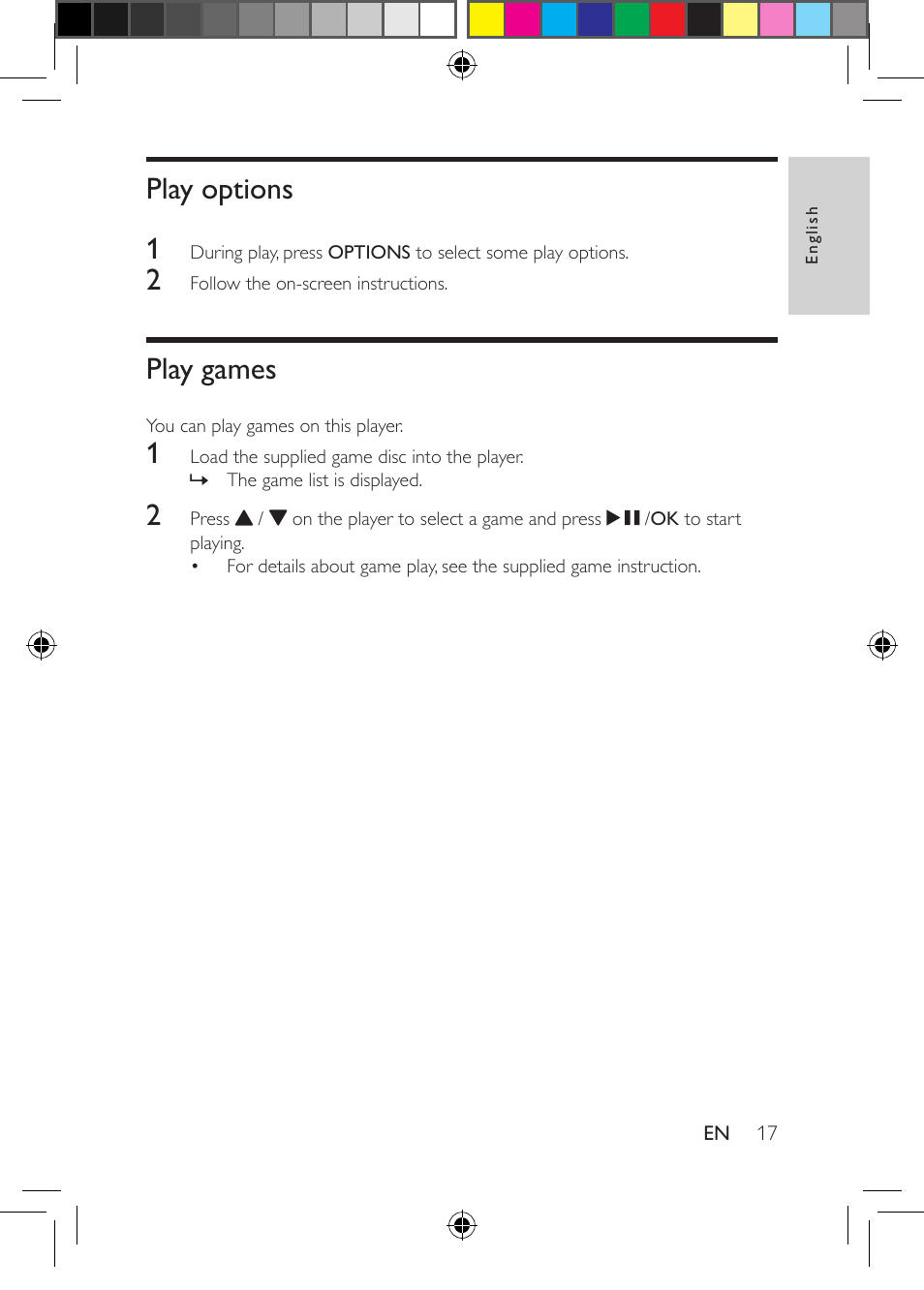 Play options, Play games, Play options 1 | Philips PD704-37 User Manual | Page 17 / 24