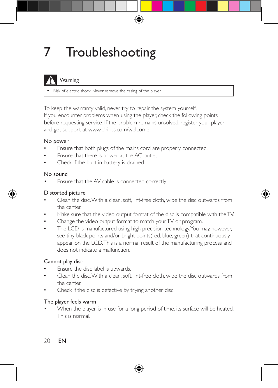 7 troubleshooting | Philips PD704-37 User Manual | Page 20 / 24