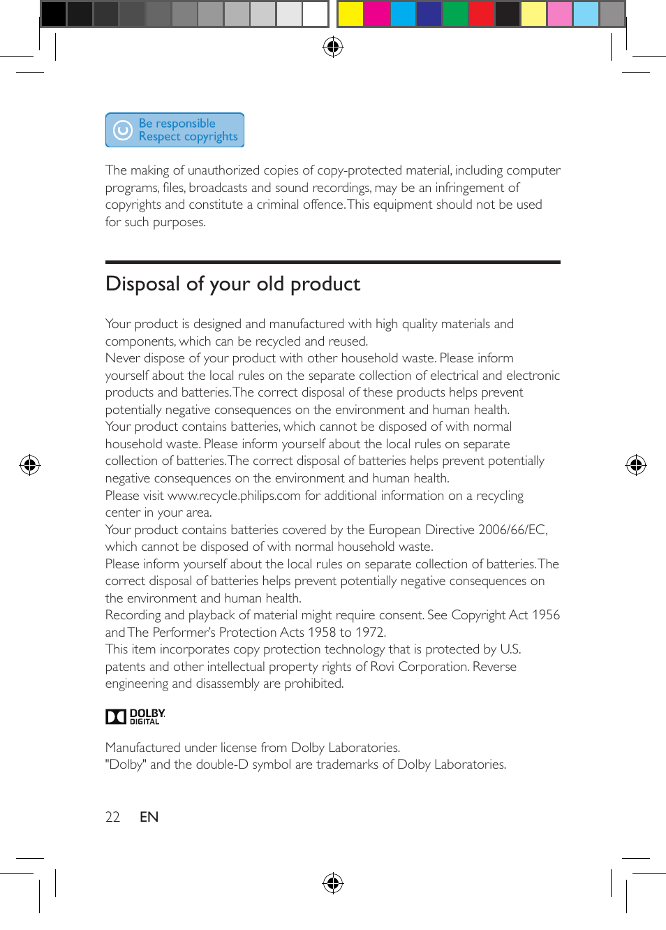 Disposal of your old product | Philips PD704-37 User Manual | Page 22 / 24