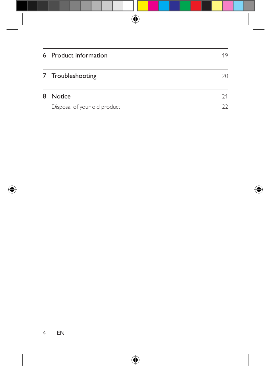 6 product information, 7 troubleshooting, 8 notice | Philips PD704-37 User Manual | Page 4 / 24