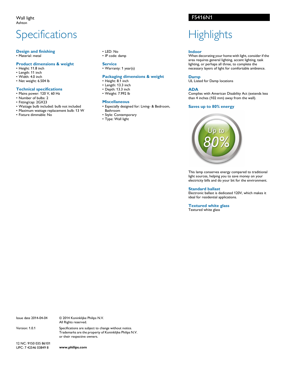 Specifications, Highlights | Philips F5416N1 User Manual | Page 2 / 2