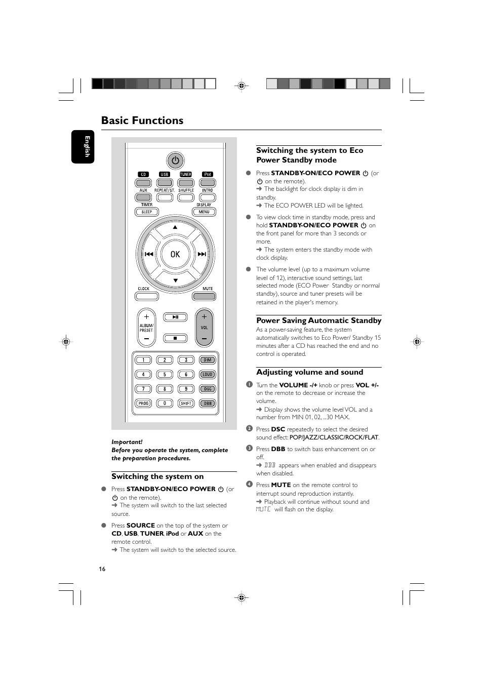 Basic functions | Philips MCM704D-37 User Manual | Page 16 / 32
