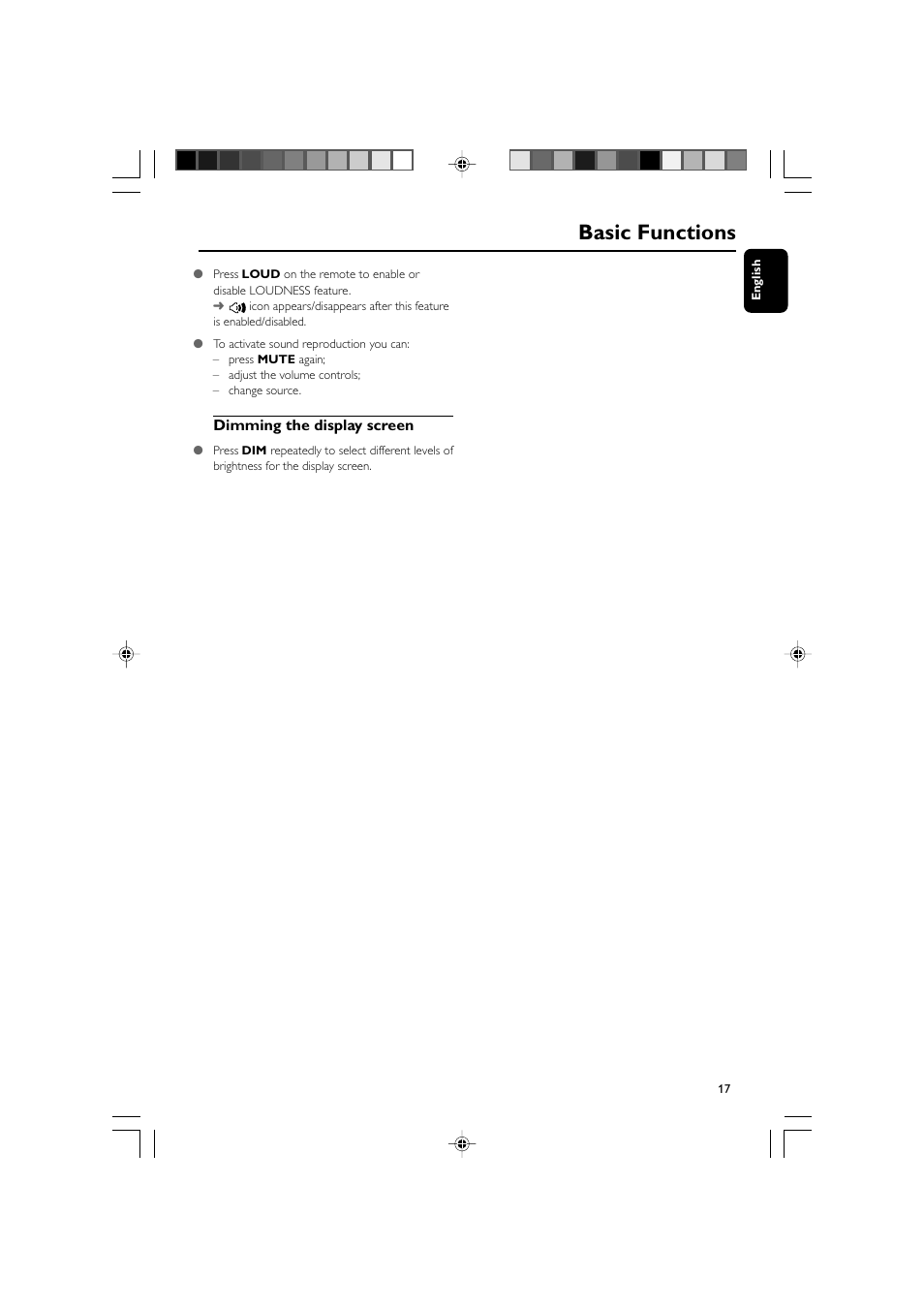 Basic functions, Dimming the display screen | Philips MCM704D-37 User Manual | Page 17 / 32