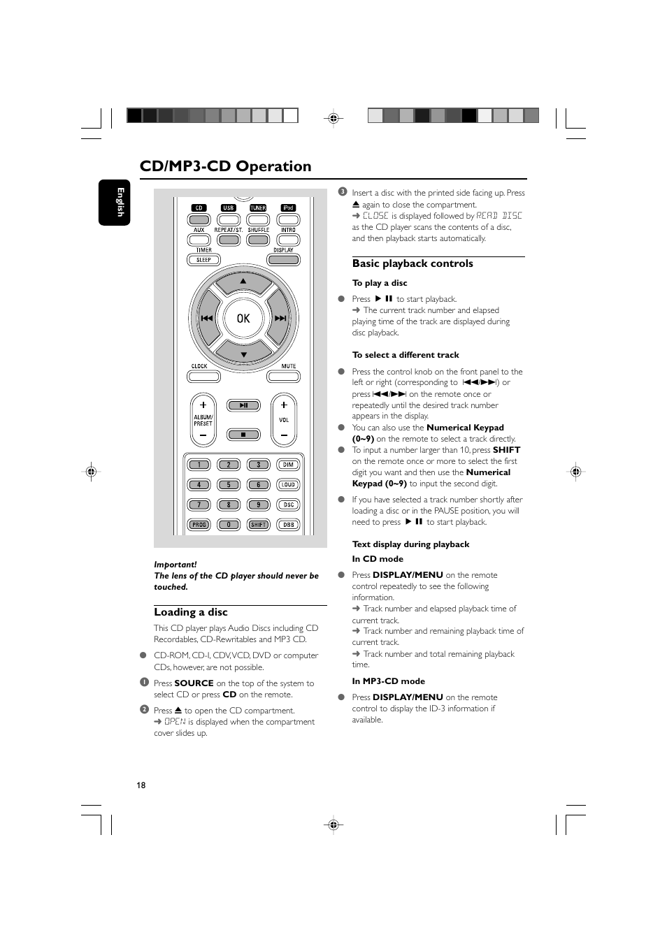 Cd/mp3-cd operation, Basic playback controls, Loading a disc | Philips MCM704D-37 User Manual | Page 18 / 32