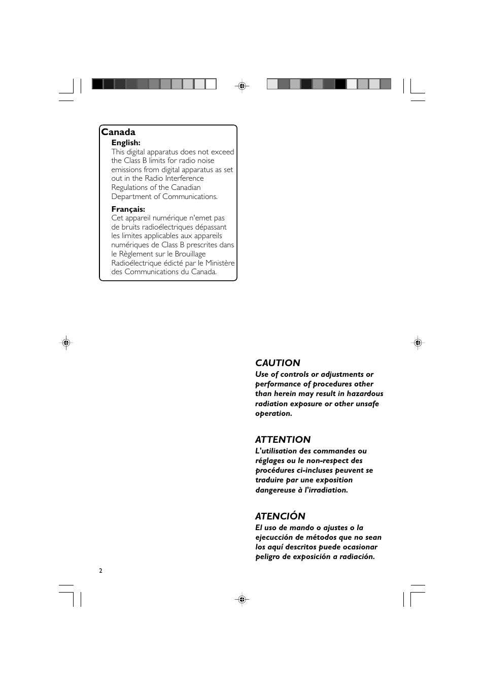 Canada, Caution, Attention | Atención | Philips MCM704D-37 User Manual | Page 2 / 32