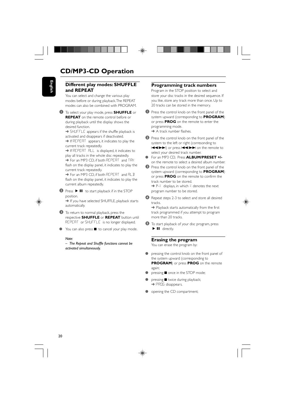 Cd/mp3-cd operation, Different play modes: shuffle and repeat, Programming track numbers | Erasing the program | Philips MCM704D-37 User Manual | Page 20 / 32