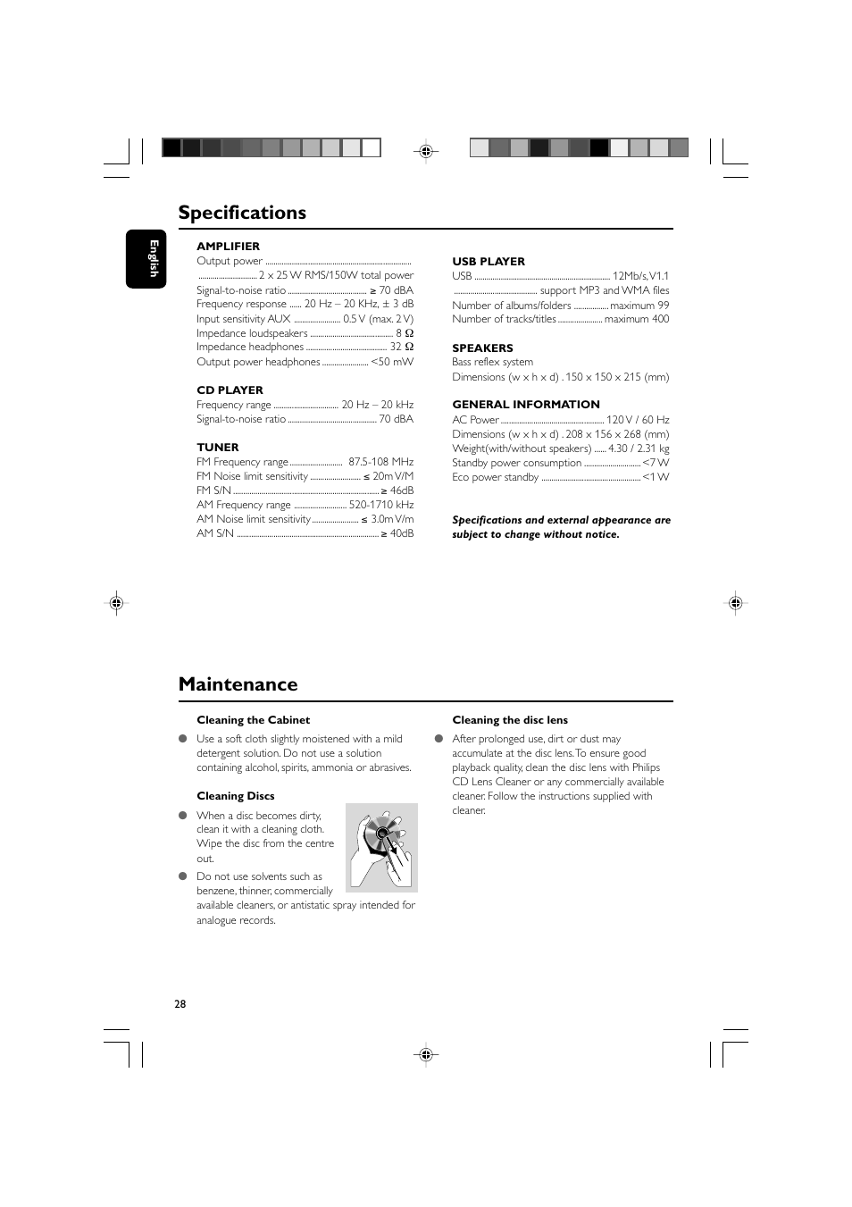 Maintenance specifications | Philips MCM704D-37 User Manual | Page 28 / 32