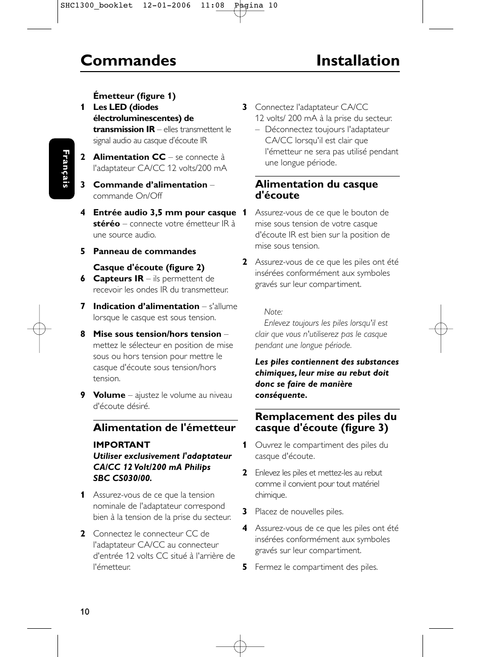 Commandes installation | Philips SHC1300-61 User Manual | Page 10 / 94
