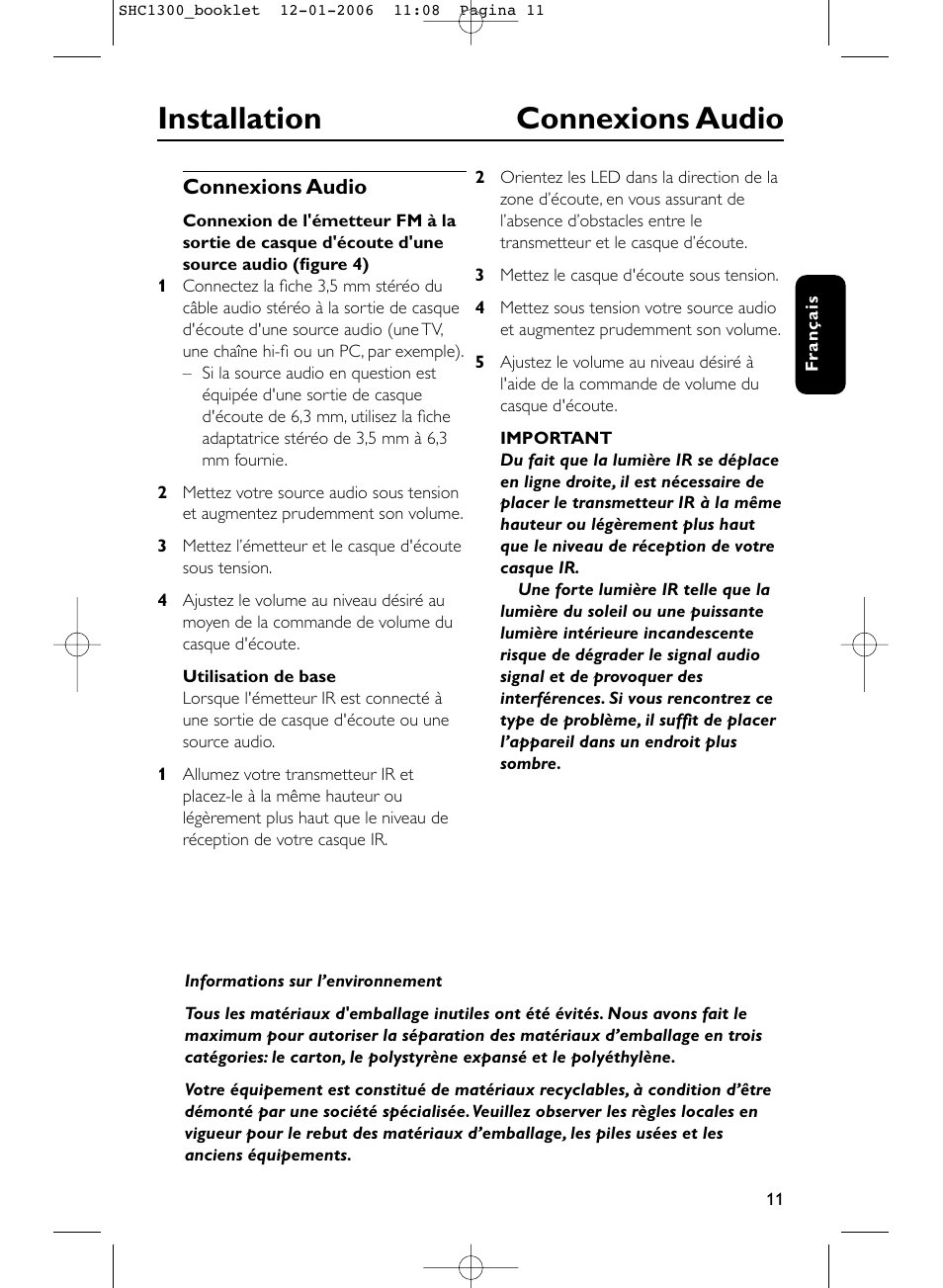 Installation connexions audio | Philips SHC1300-61 User Manual | Page 11 / 94