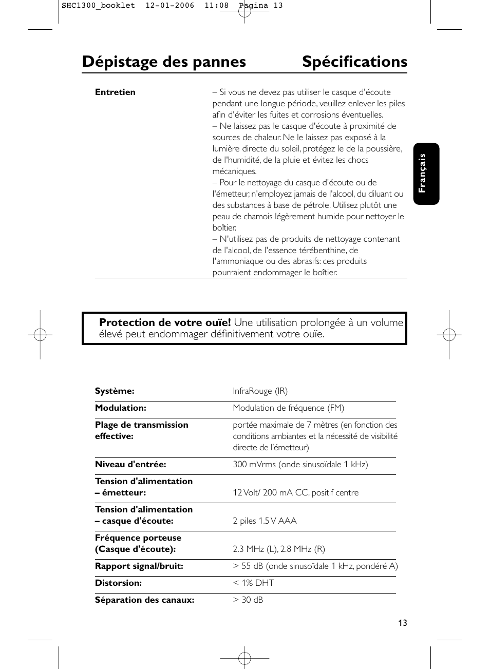 Dépistage des pannes spécifications | Philips SHC1300-61 User Manual | Page 13 / 94