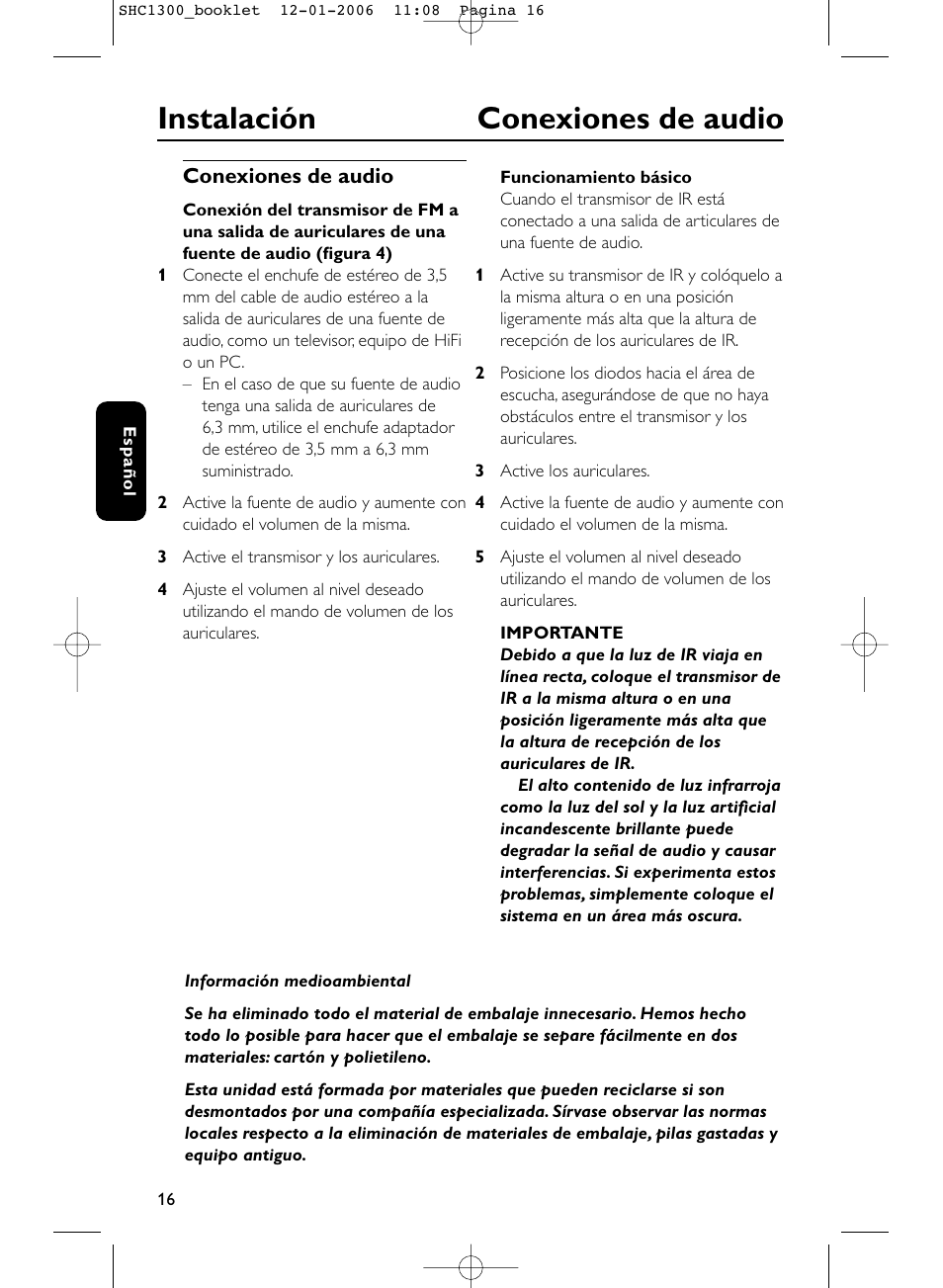 Instalación conexiones de audio | Philips SHC1300-61 User Manual | Page 16 / 94