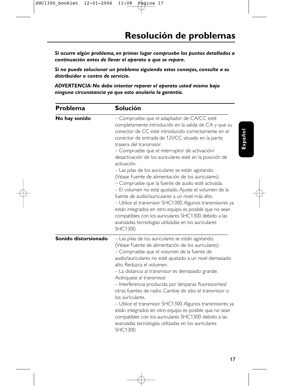 Resolución de problemas | Philips SHC1300-61 User Manual | Page 17 / 94