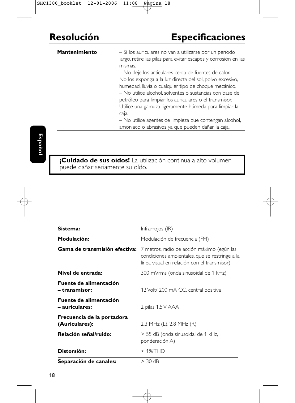 Resolución especificaciones | Philips SHC1300-61 User Manual | Page 18 / 94