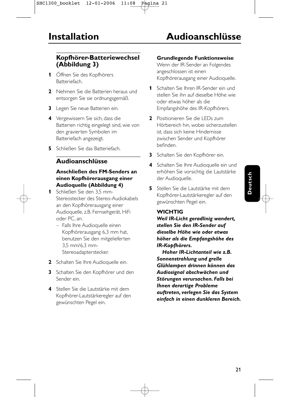 Installation audioanschlüsse | Philips SHC1300-61 User Manual | Page 21 / 94