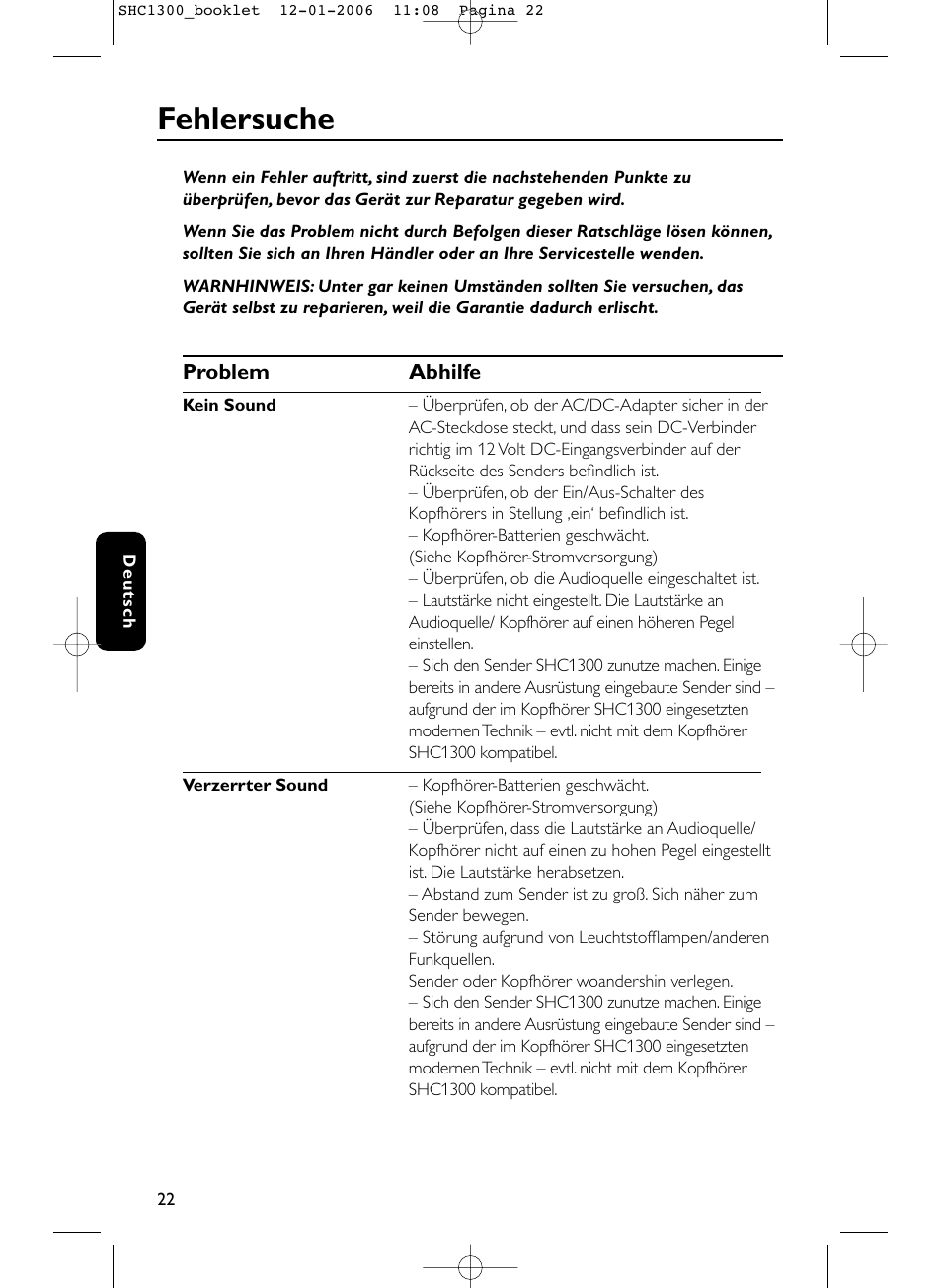 Fehlersuche | Philips SHC1300-61 User Manual | Page 22 / 94