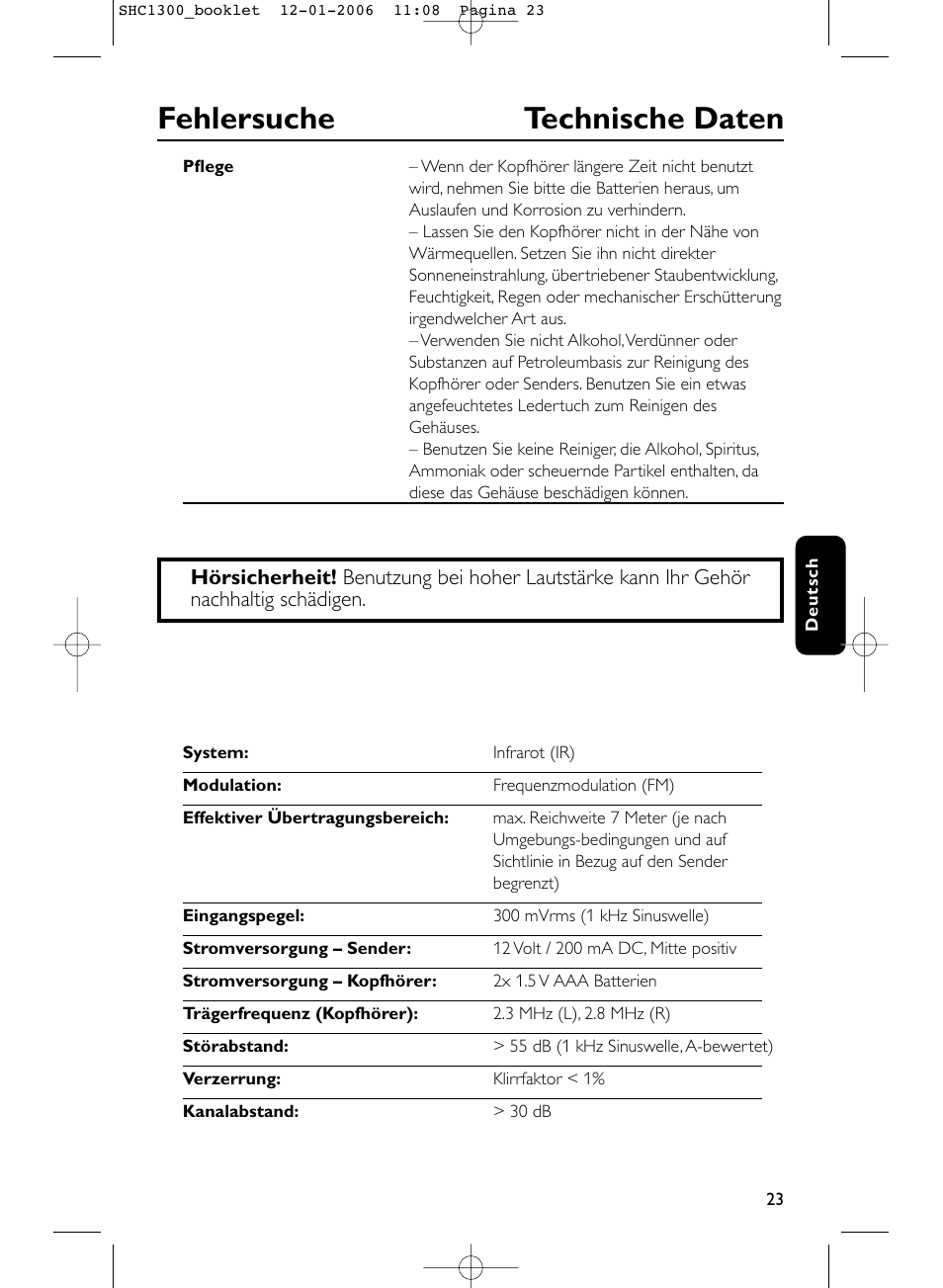 Fehlersuche technische daten | Philips SHC1300-61 User Manual | Page 23 / 94