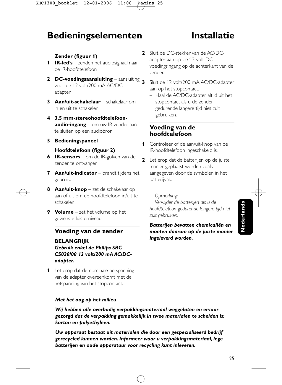 Bedieningselementen installatie | Philips SHC1300-61 User Manual | Page 25 / 94