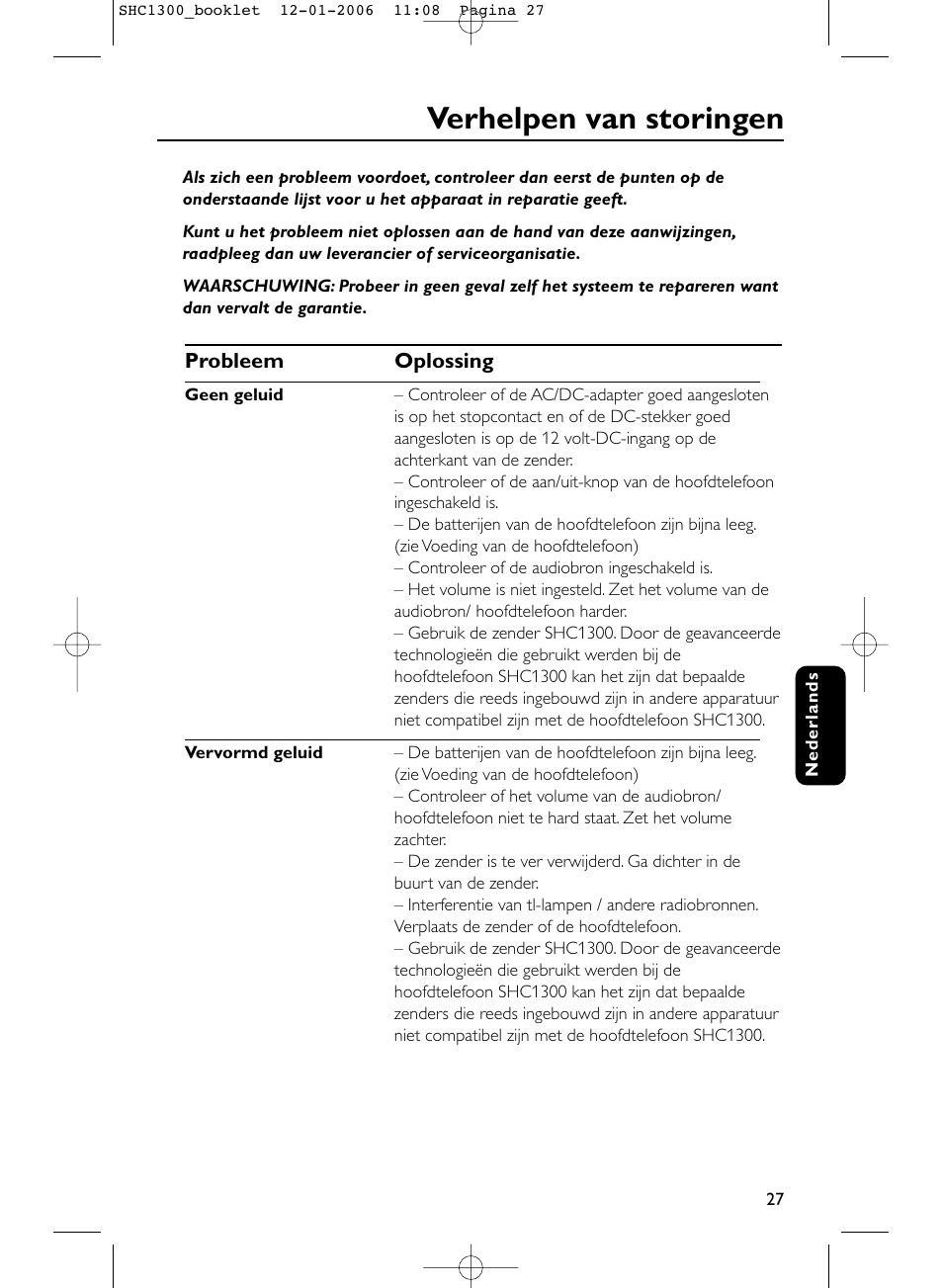 Verhelpen van storingen | Philips SHC1300-61 User Manual | Page 27 / 94