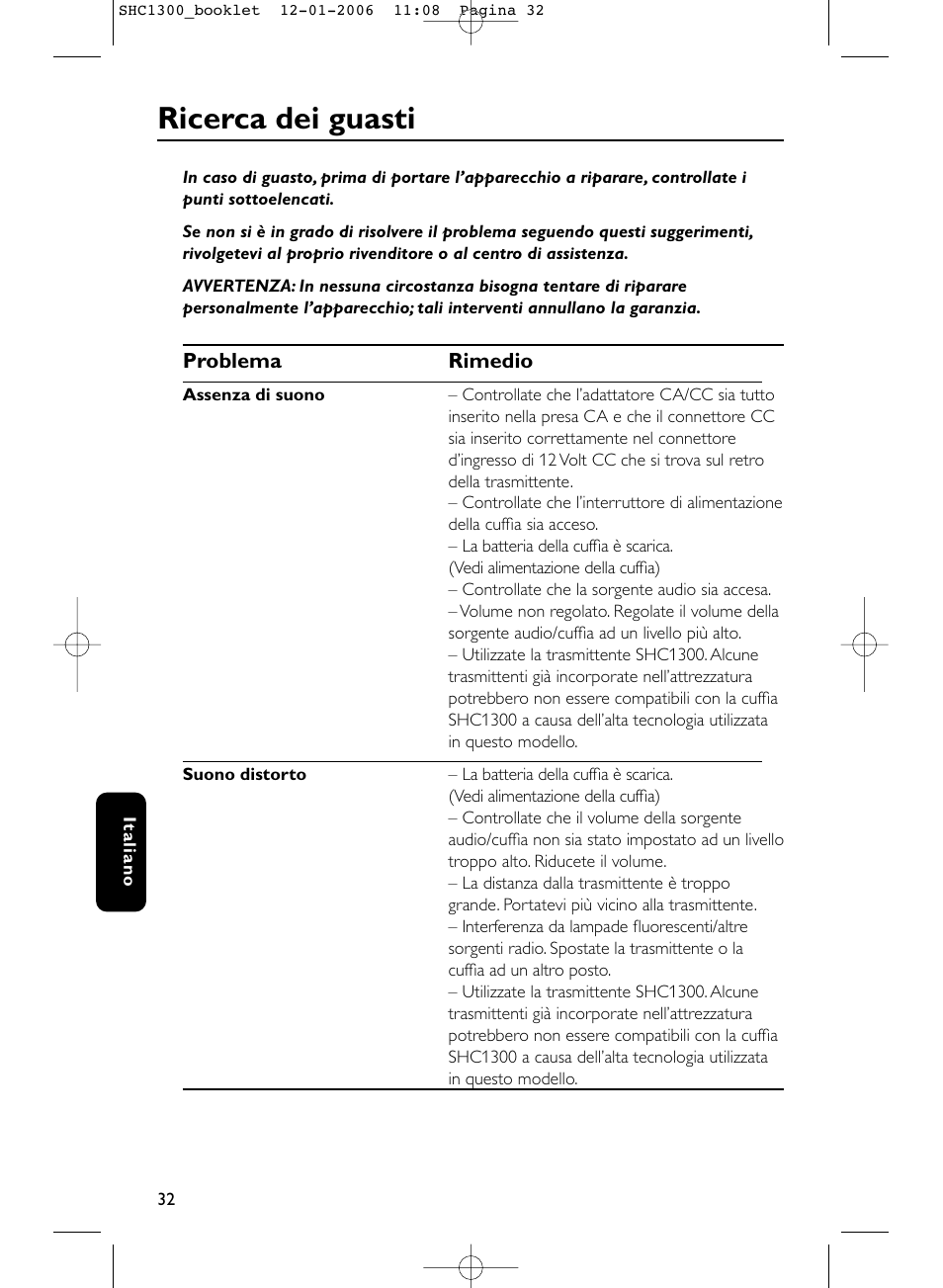 Ricerca dei guasti | Philips SHC1300-61 User Manual | Page 32 / 94