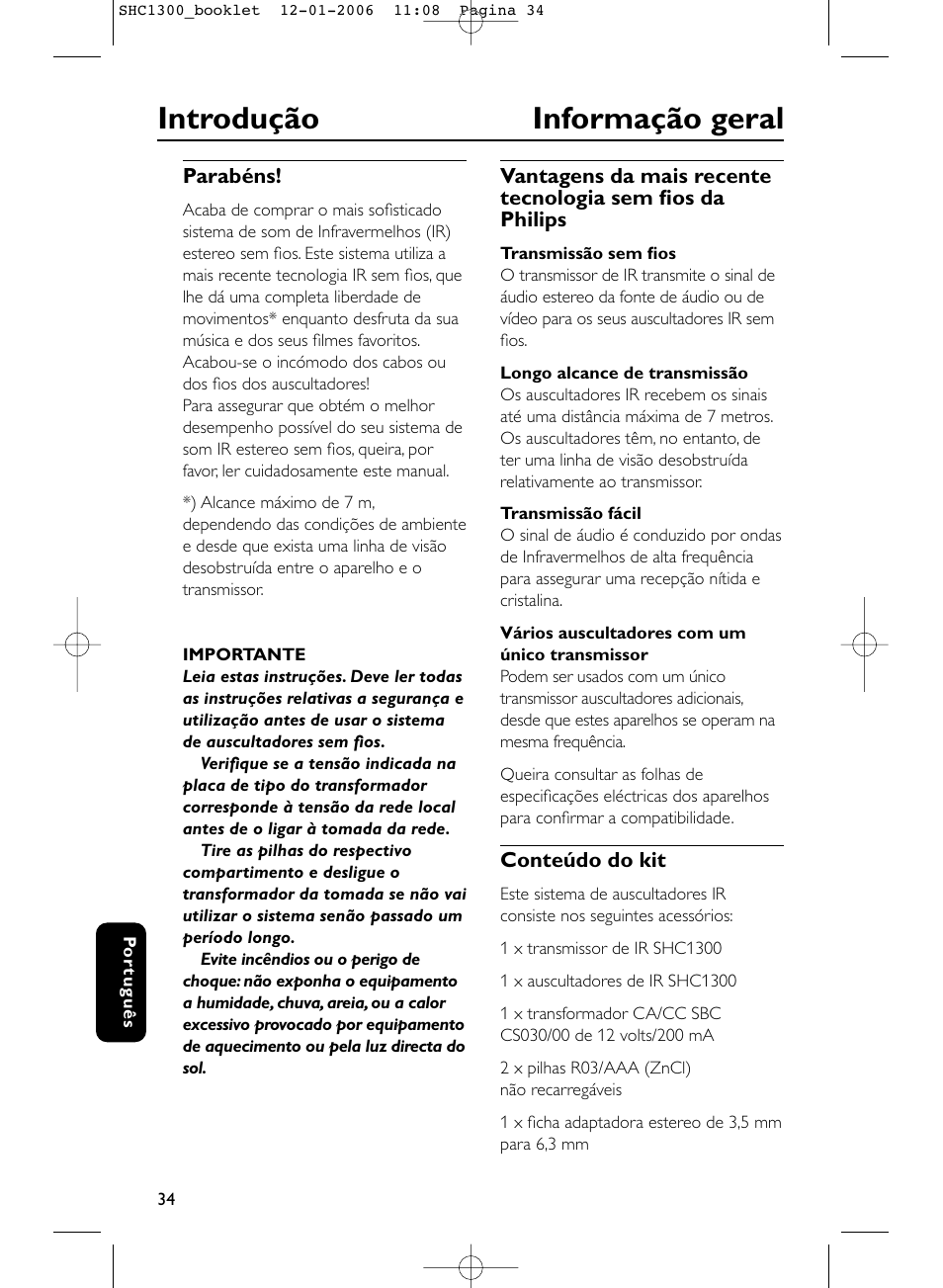 Introdução informação geral | Philips SHC1300-61 User Manual | Page 34 / 94