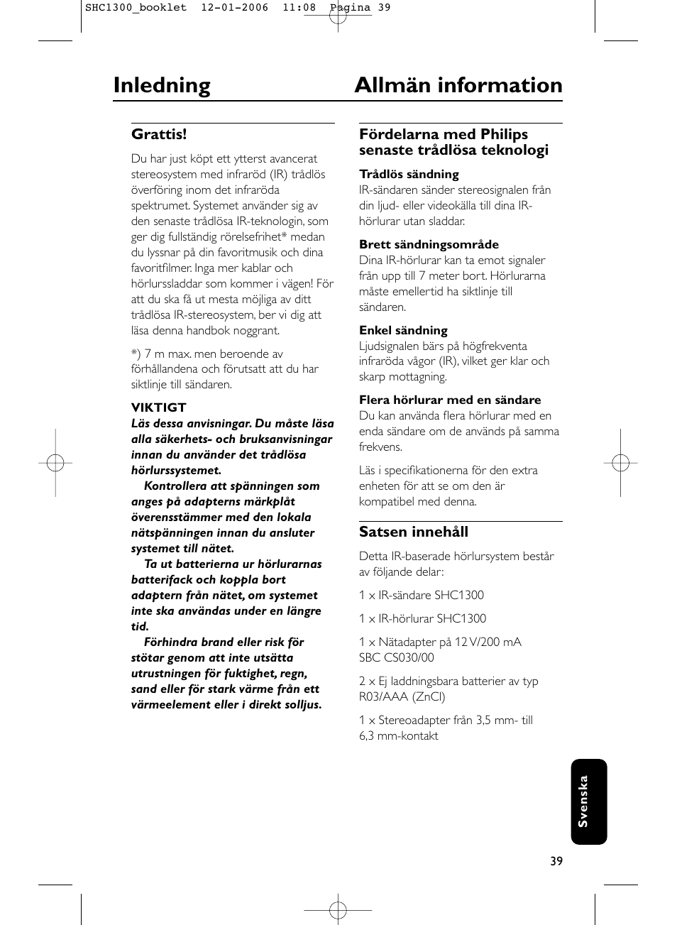 Inledning allmän information | Philips SHC1300-61 User Manual | Page 39 / 94