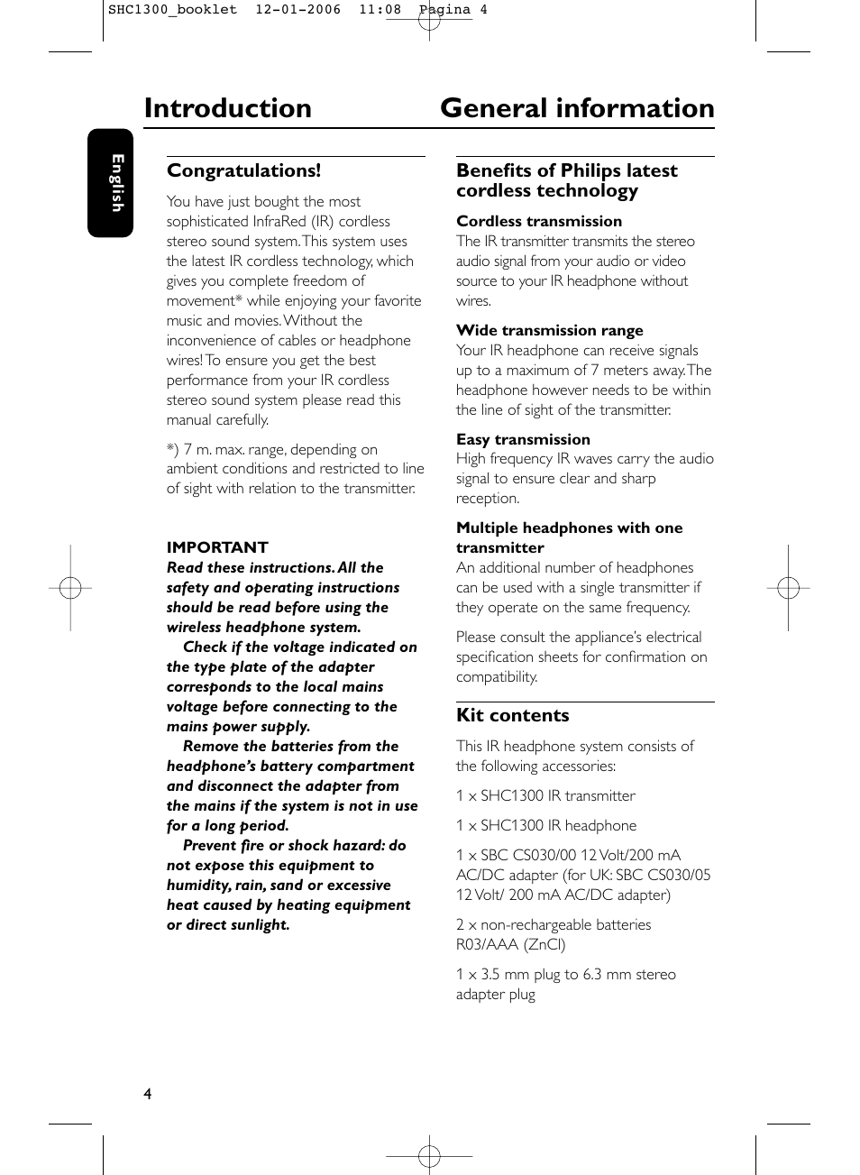 Introduction general information | Philips SHC1300-61 User Manual | Page 4 / 94