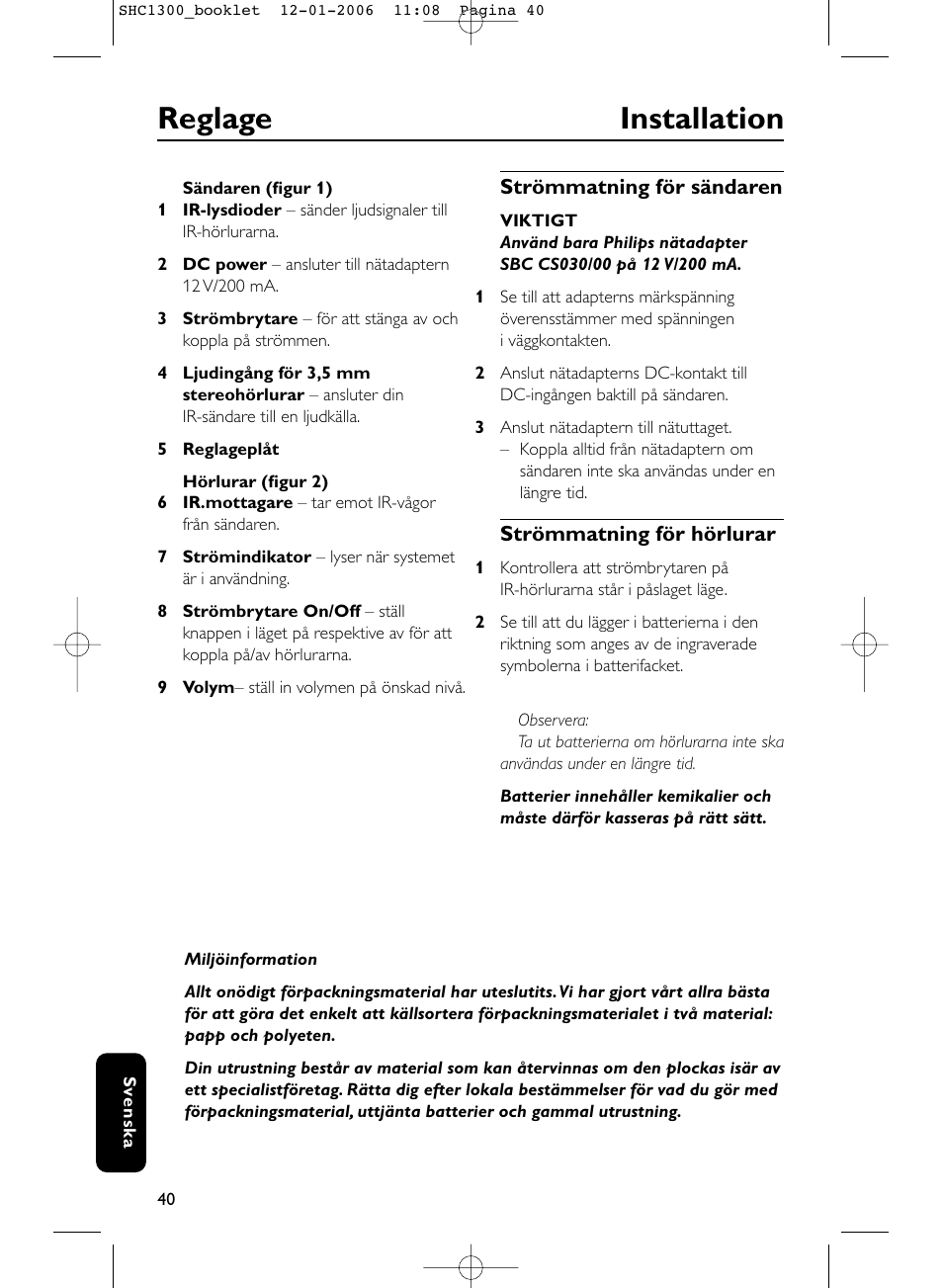 Reglage installation | Philips SHC1300-61 User Manual | Page 40 / 94