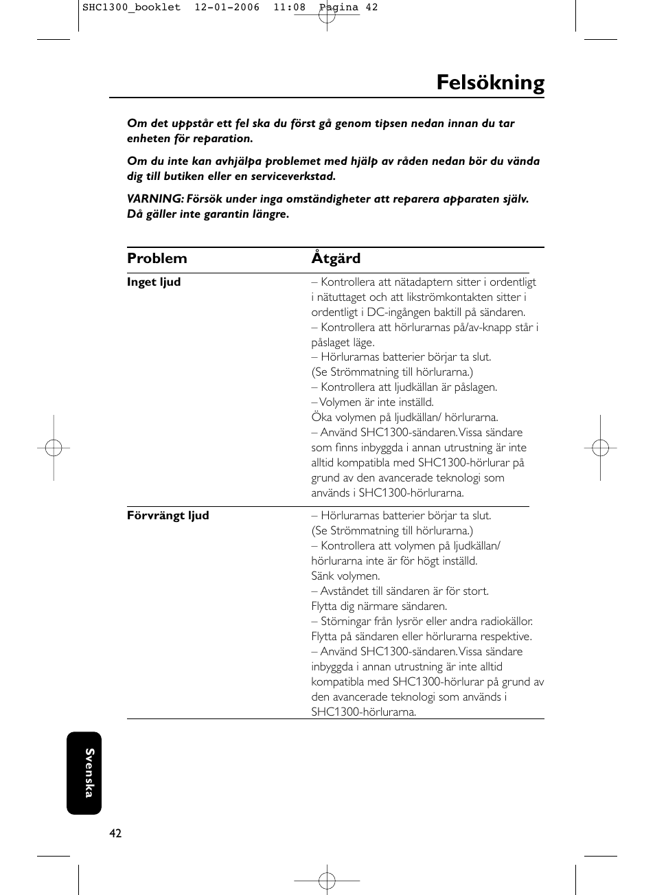 Felsökning | Philips SHC1300-61 User Manual | Page 42 / 94