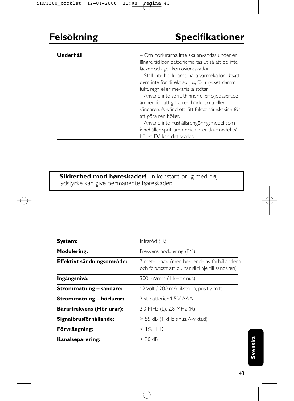 Felsökning specifikationer | Philips SHC1300-61 User Manual | Page 43 / 94