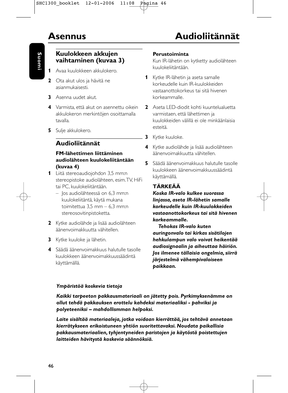 Asennus audioliitännät | Philips SHC1300-61 User Manual | Page 46 / 94