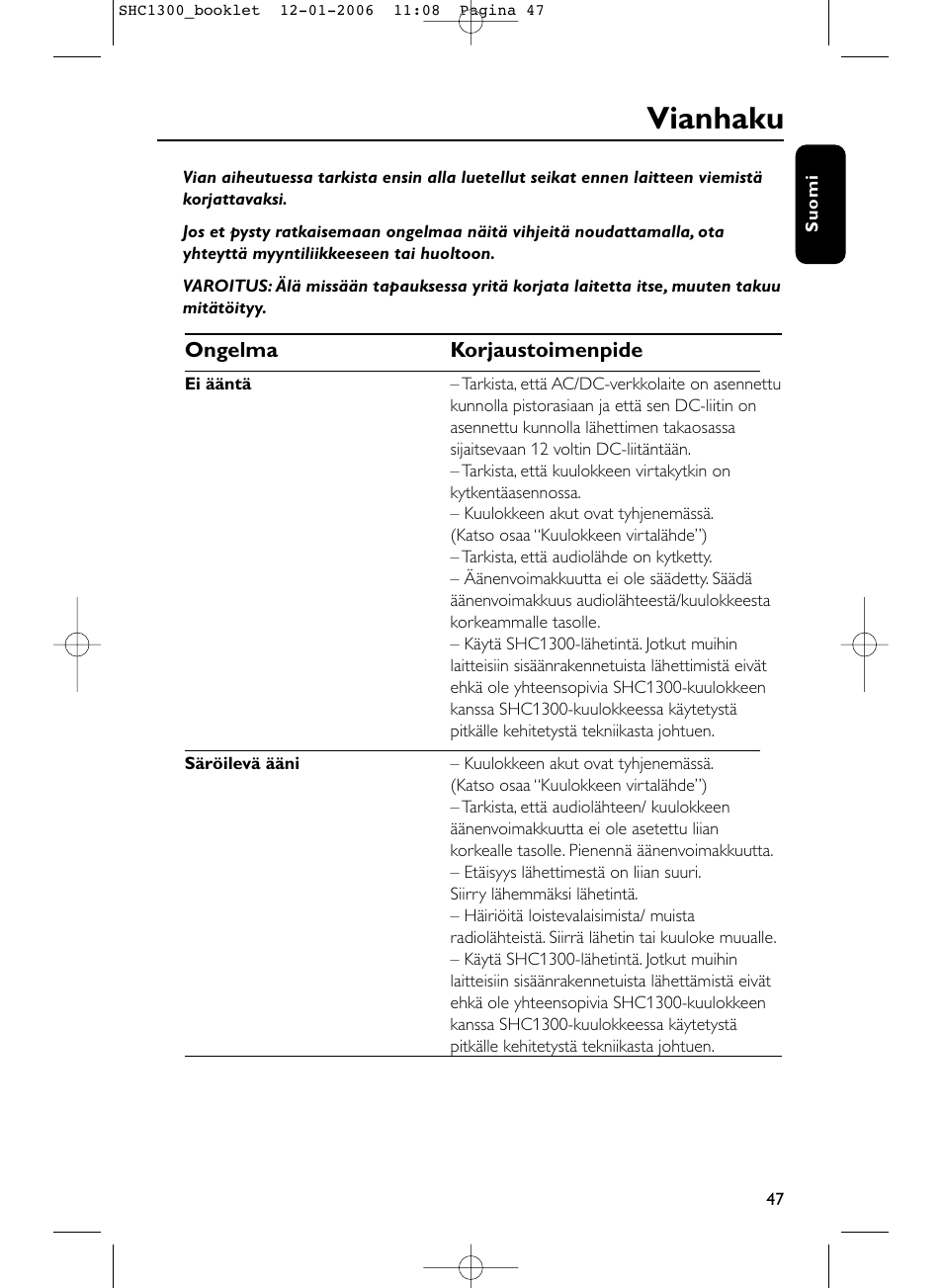 Vianhaku | Philips SHC1300-61 User Manual | Page 47 / 94