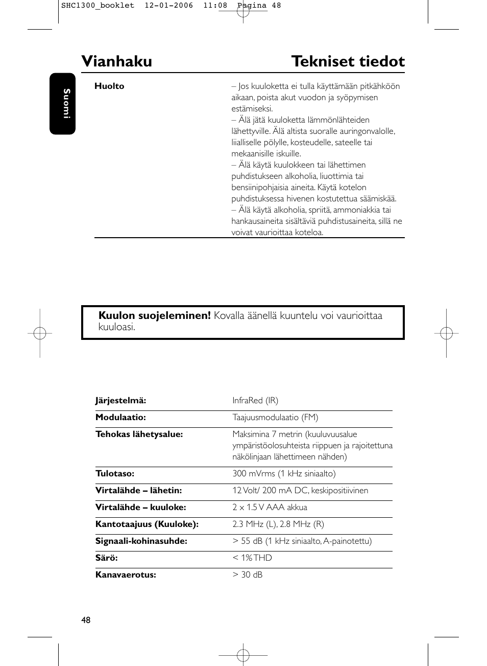 Vianhaku tekniset tiedot | Philips SHC1300-61 User Manual | Page 48 / 94