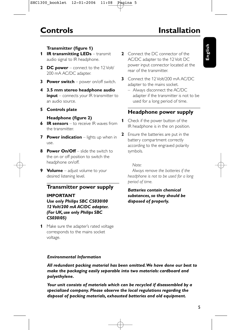 Controls installation | Philips SHC1300-61 User Manual | Page 5 / 94