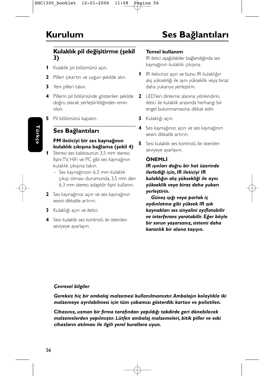 Kurulum ses bağlantıları | Philips SHC1300-61 User Manual | Page 56 / 94