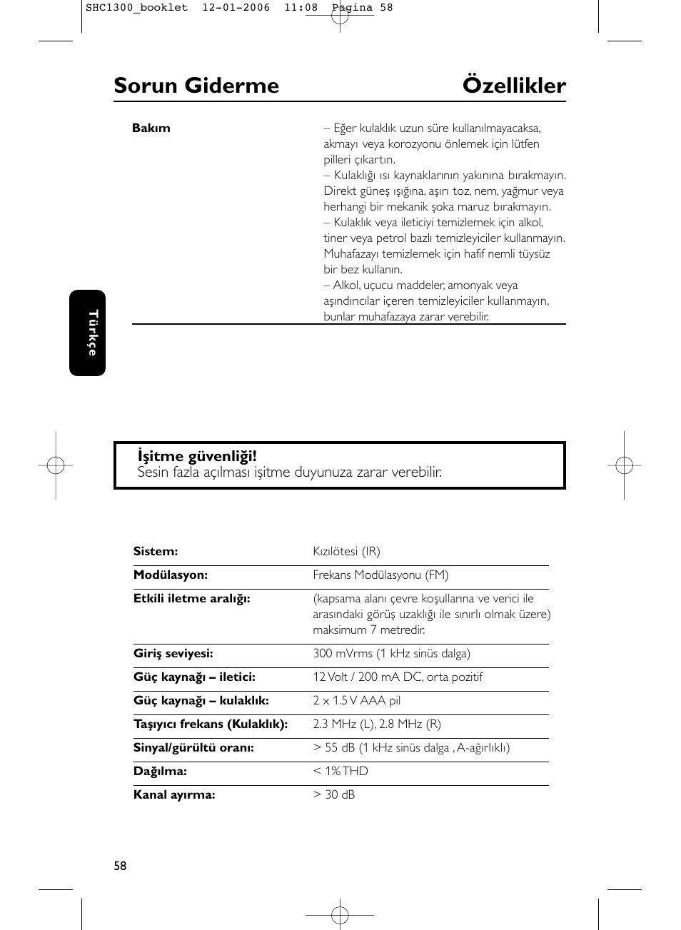 Sorun giderme özellikler | Philips SHC1300-61 User Manual | Page 58 / 94