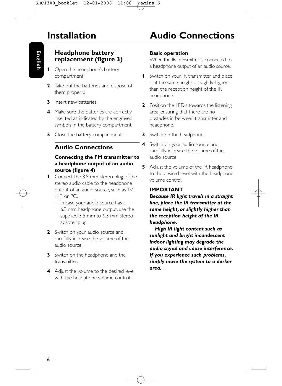 Installation audio connections | Philips SHC1300-61 User Manual | Page 6 / 94