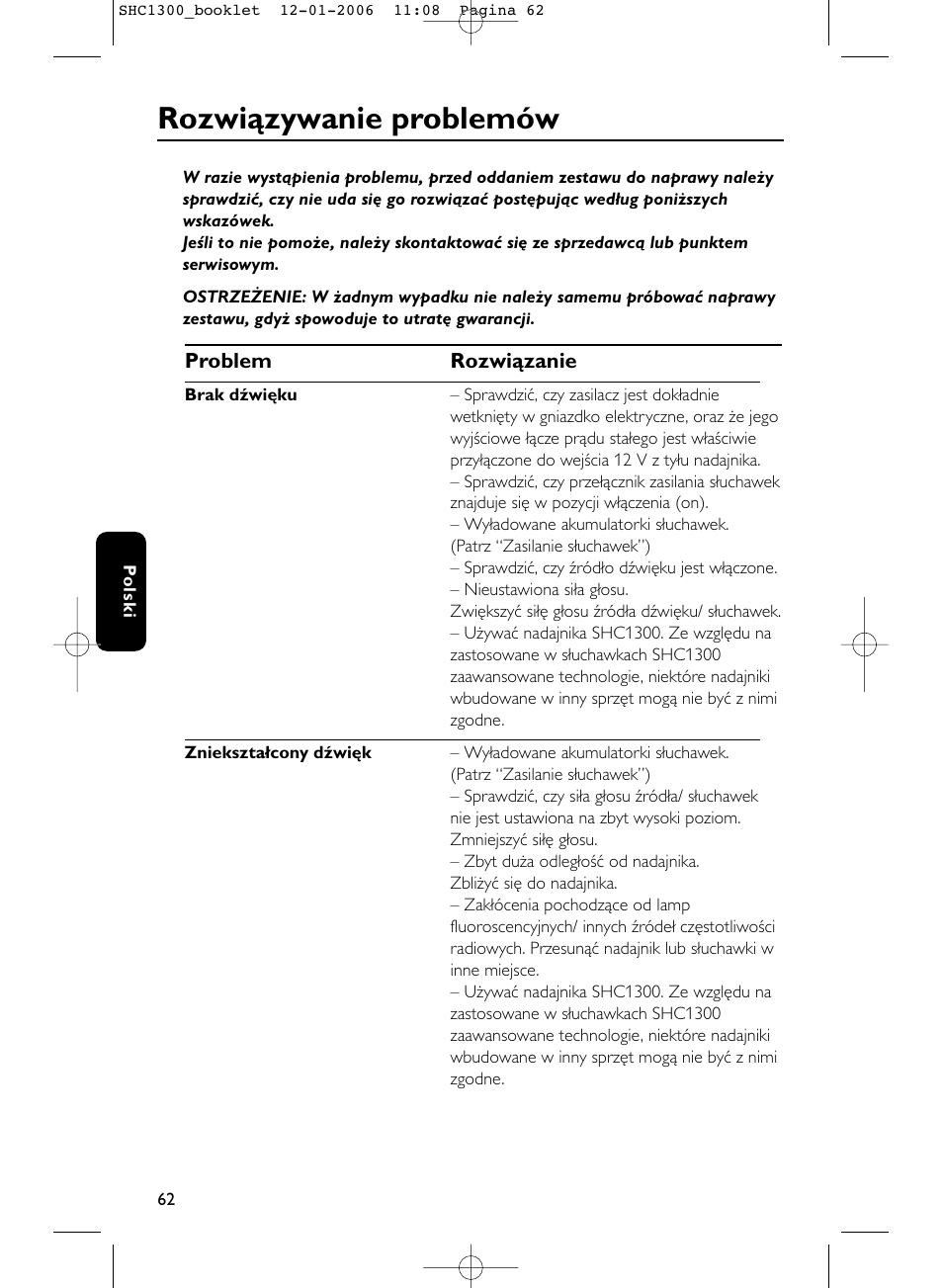 Rozwiązywanie problemów | Philips SHC1300-61 User Manual | Page 62 / 94