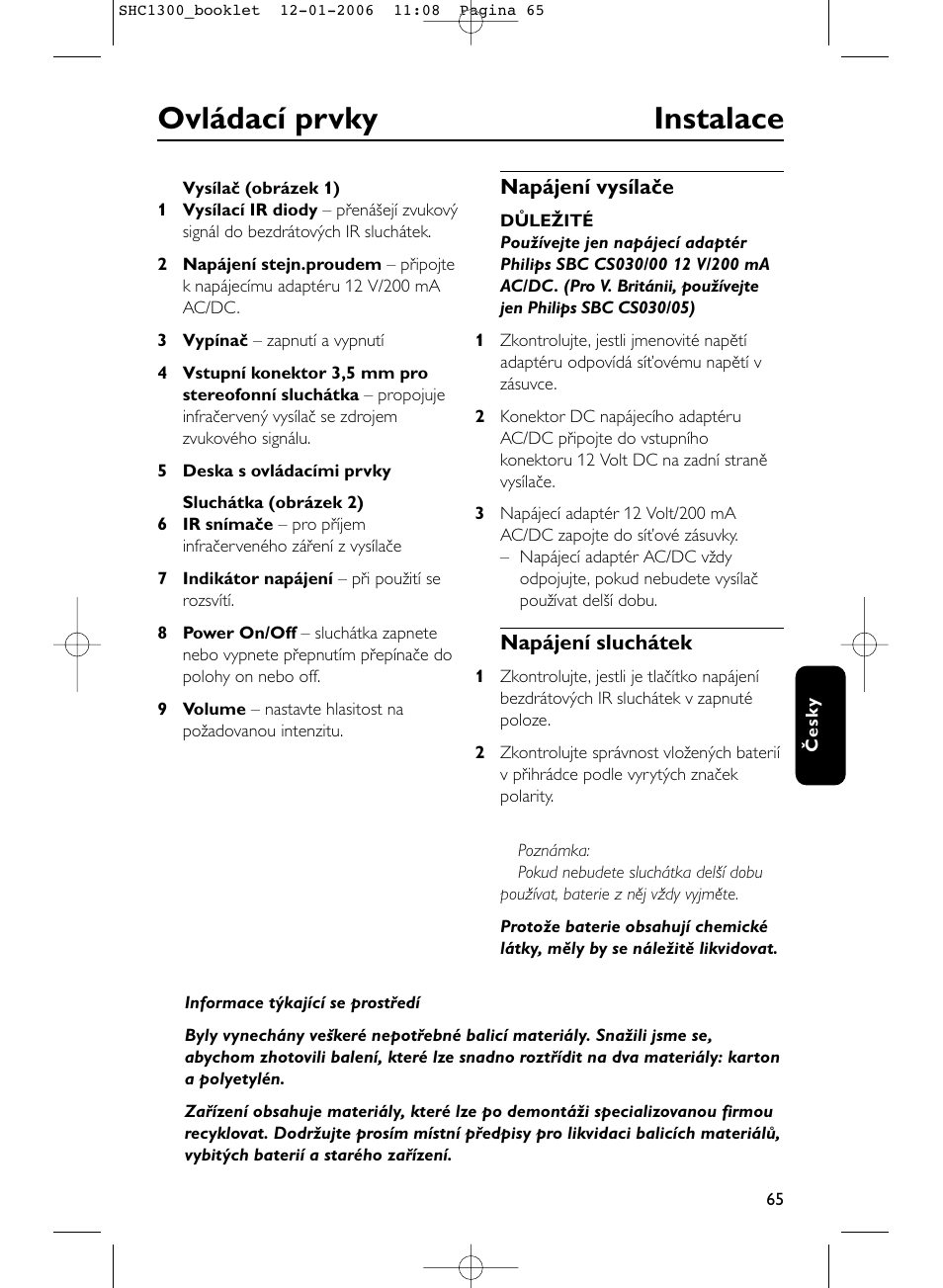 Ovládací prvky instalace | Philips SHC1300-61 User Manual | Page 65 / 94